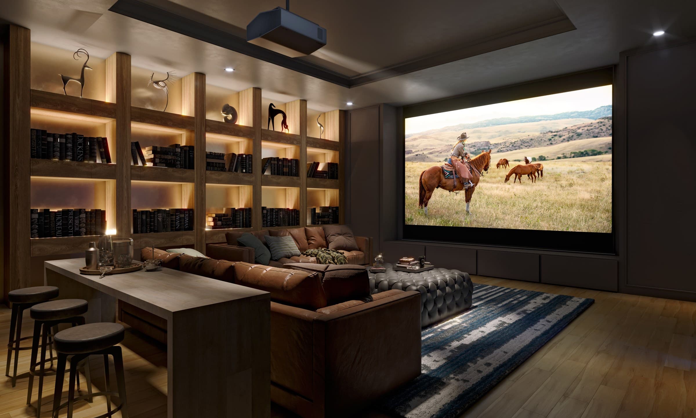 A private theater with a large projection screen, a lit library wall and leather seating