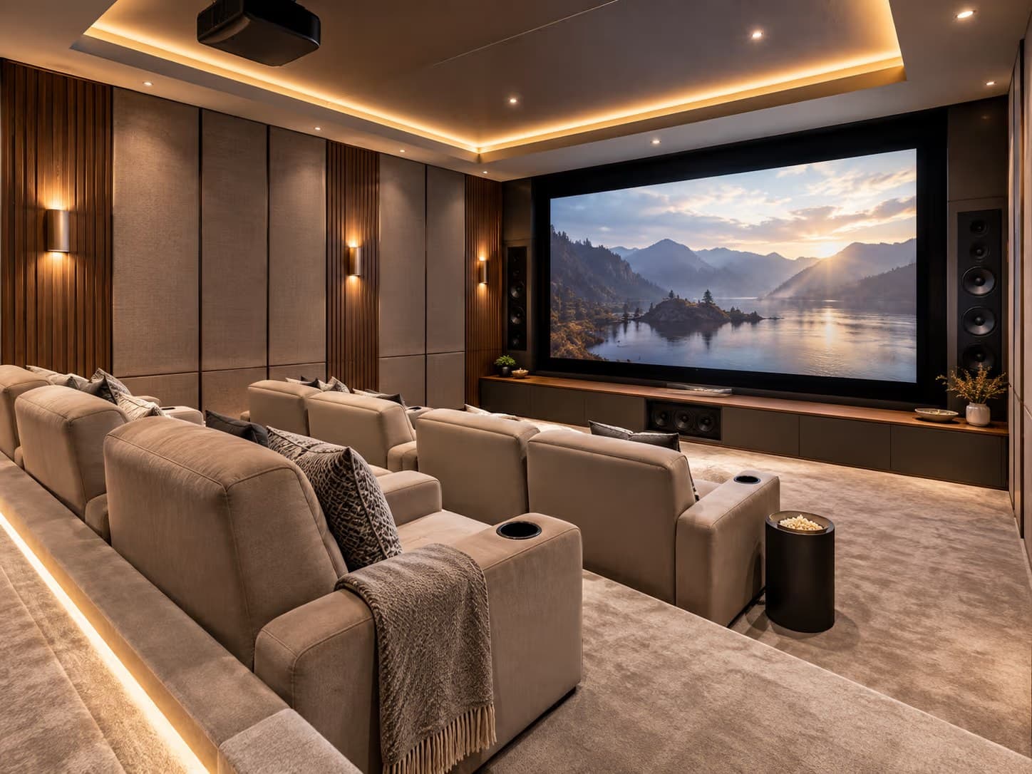 A tiered home theater with lounge seating, cove lighting and a wide projection screen