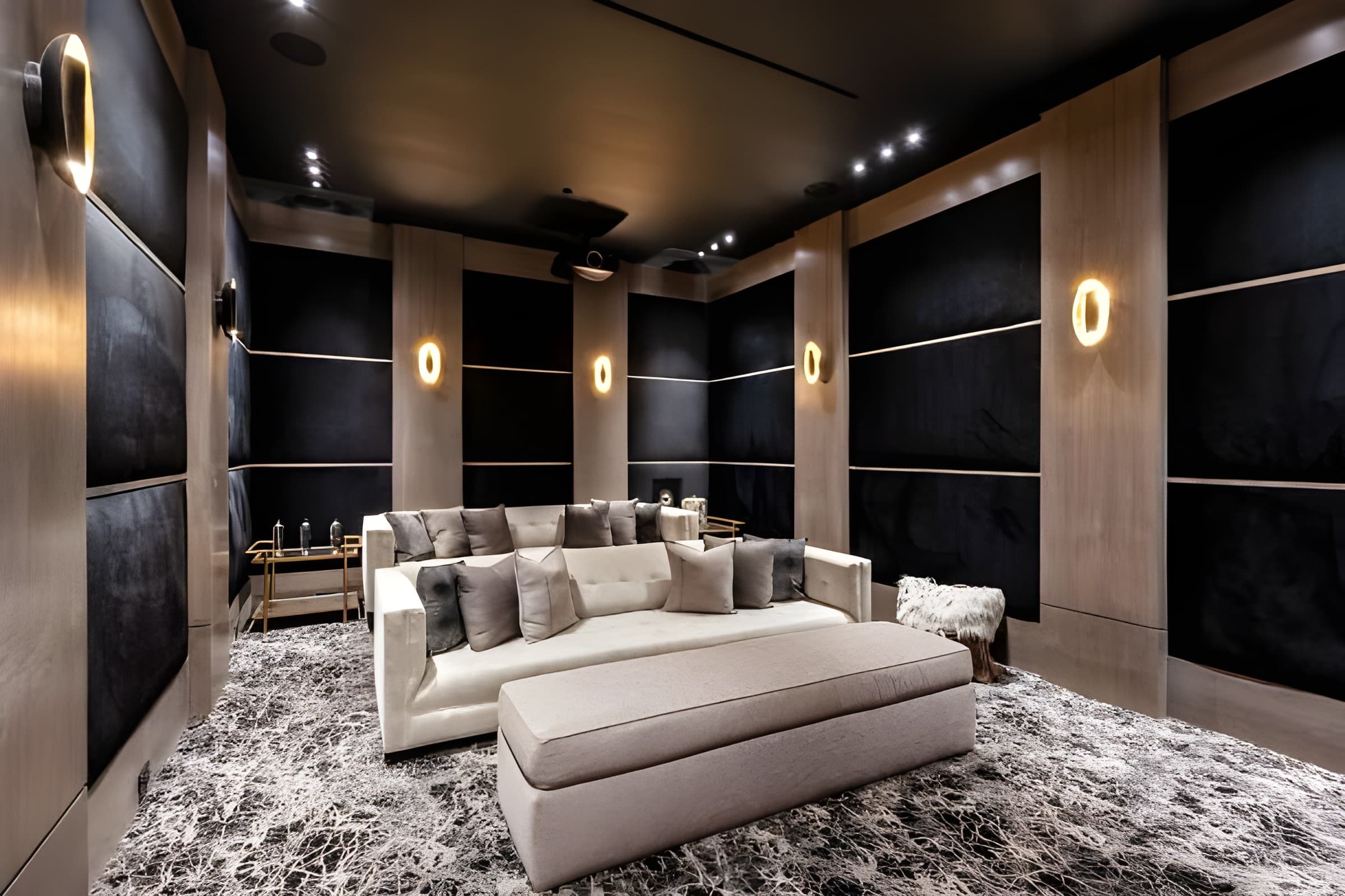 A dark paneled screening room with wall sconces and a chaise sofa