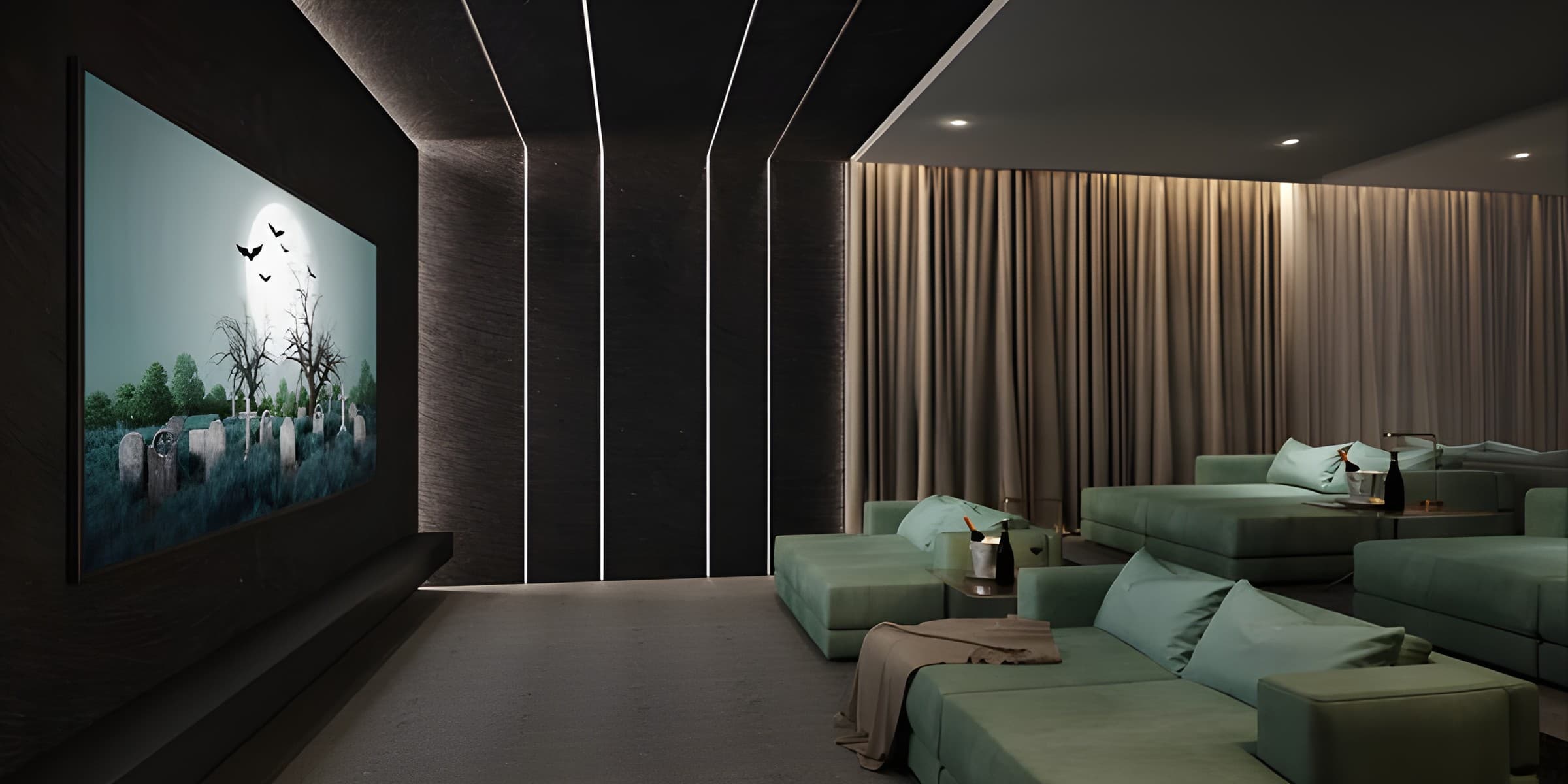 A screening room with linear ceiling lights, drapery and green lounge seating